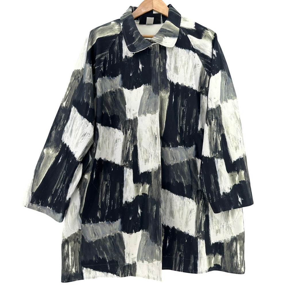Norma Kamali Sweats Paint Canvas Abstract Brushstroke Print Jacket Black White